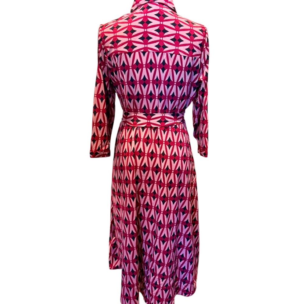Pink Red Black Graphic Geometric Belted Midi Dress Shirt dress Size Large - Picture 3 of 6